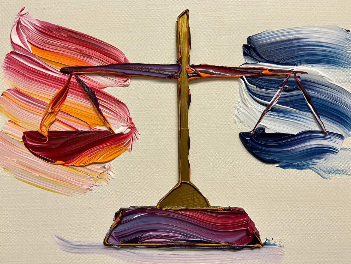 Abstract illustration of a balance scale with movement and rest elements showing equilibrium